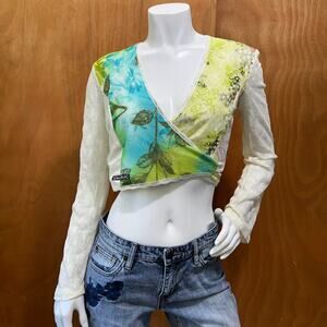 VTG Des Filles à la Vanille Paris Wrap Lace Top Blue Green Floral Sheer Y2K Boho